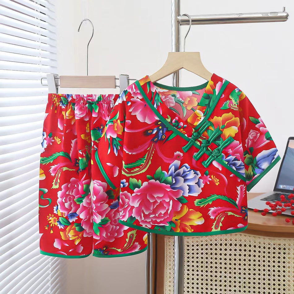 Girls’ Cotton Silk Pajama Set National Style Summer Two-Piece Homewear
