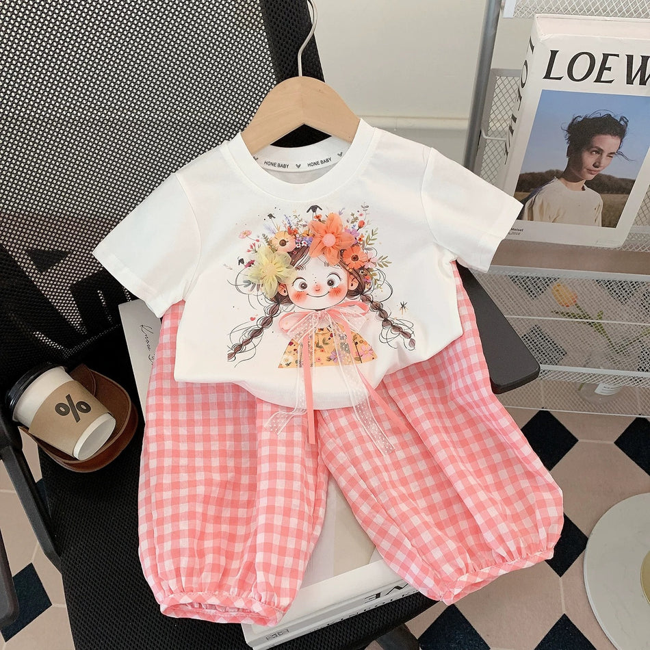 Girls’ Sweet T-Shirt & Plaid Anti-Mosquito Pants Summer Casual Set