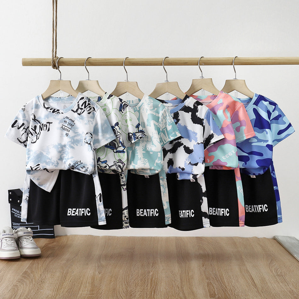 Boys Ice Silk Quick-Dry Sports Set Korean Style Summer Short Sleeve Shorts Outfit
