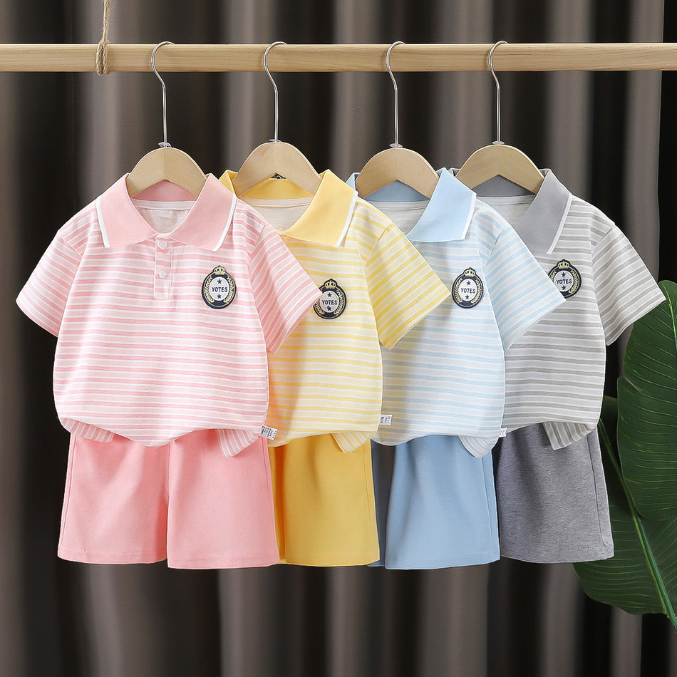 Boys Preppy Style Striped Short Sleeve Set Collar Shirt & Shorts Summer Two-Piece Outfit