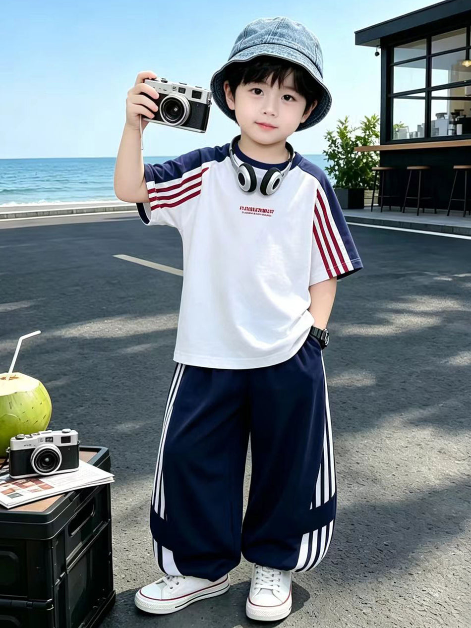 Kids Woven T-Shirt Set Summer 2026 Primary School Thin Casual Two-Piece Outfit