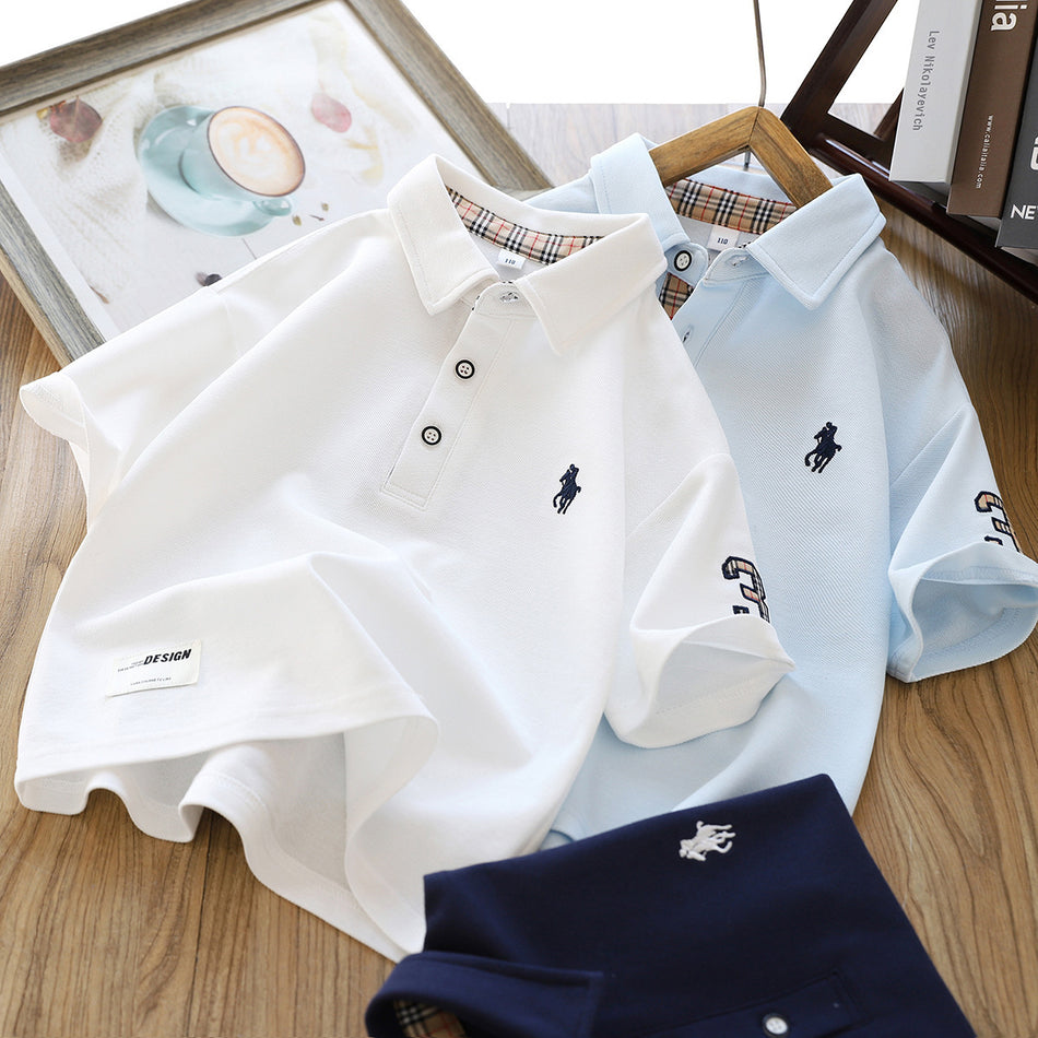 Boys Embroidered Polo Shirt Cotton Blend Short Sleeve Summer Top