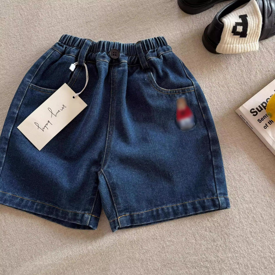 Elite Children's Japanese-Style Bear Embroidered Summer Denim Shorts