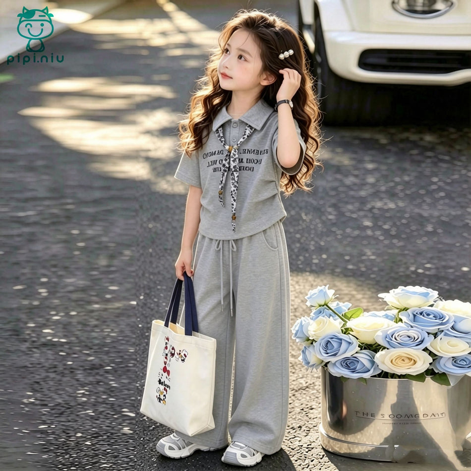 Girls Korean Style Summer Short Sleeve Pants Set Cotton Outfit
