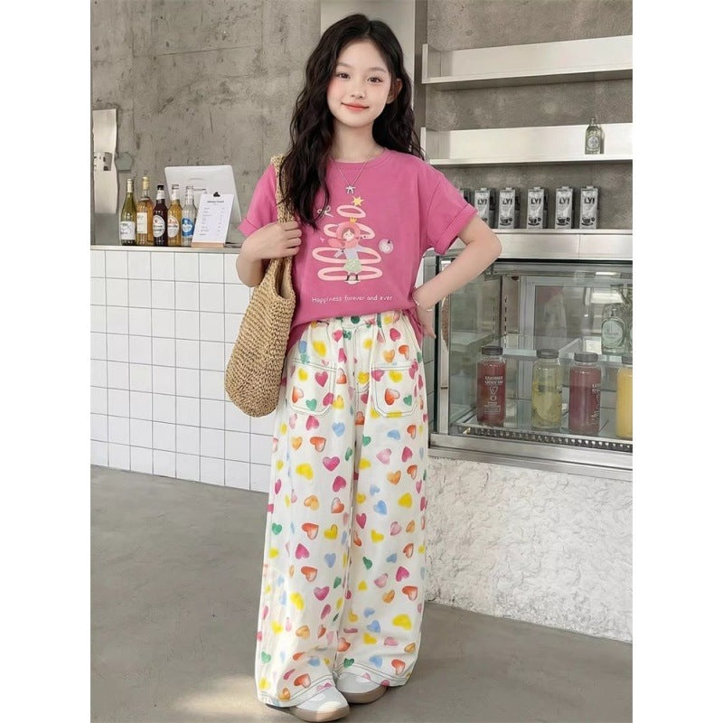 Girls Summer Printed Two-Piece Cotton Pants Set Korean Style