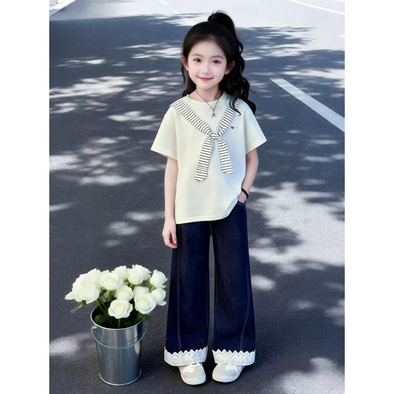 Girls Summer Casual Striped Two-Piece Cotton Pants Set