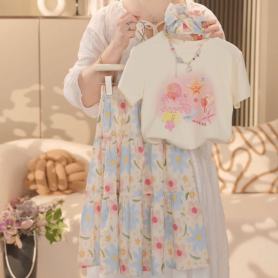 Girls Princess Style Printed Summer Two-Piece Skirt Set