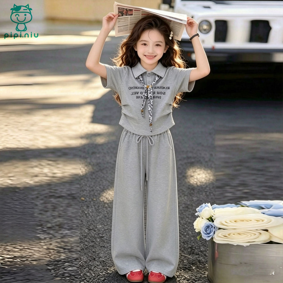 Girls Polo Collar Summer Two-Piece Cotton Pants Set