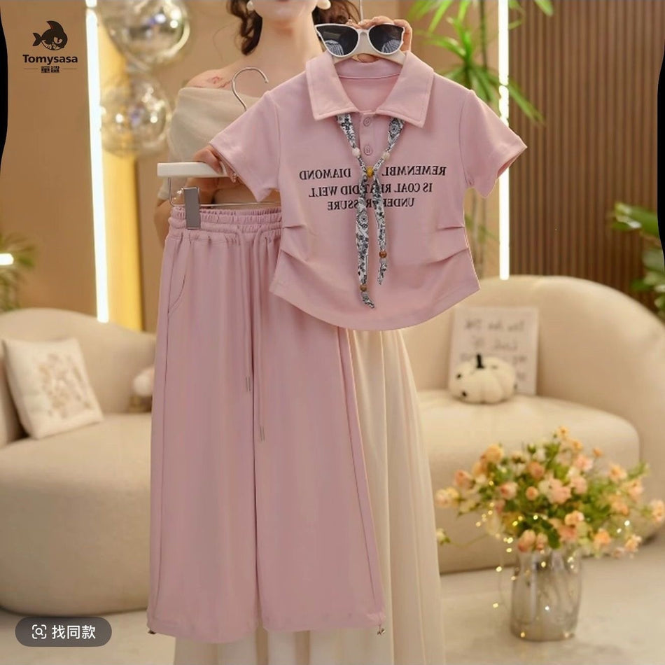 Girls Korean Style Letter Tie Summer Two-Piece Pants Set