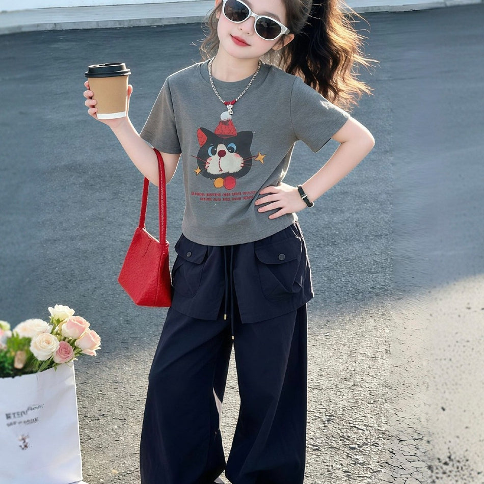 Girls Cat Print Summer Two-Piece Cargo Pants Set