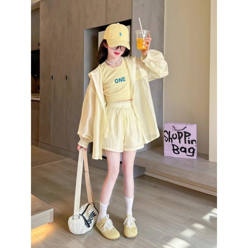 Girls Sun Protection Hooded Summer Two-Piece Shorts Set
