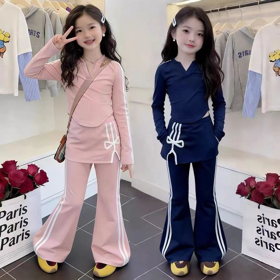 Girls Bowknot Slim Fit Flared Pants Two-Piece Outfit Set