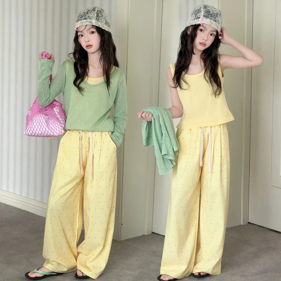 Girls Korean Style Three-Piece Casual Outfit Set for Older Kids