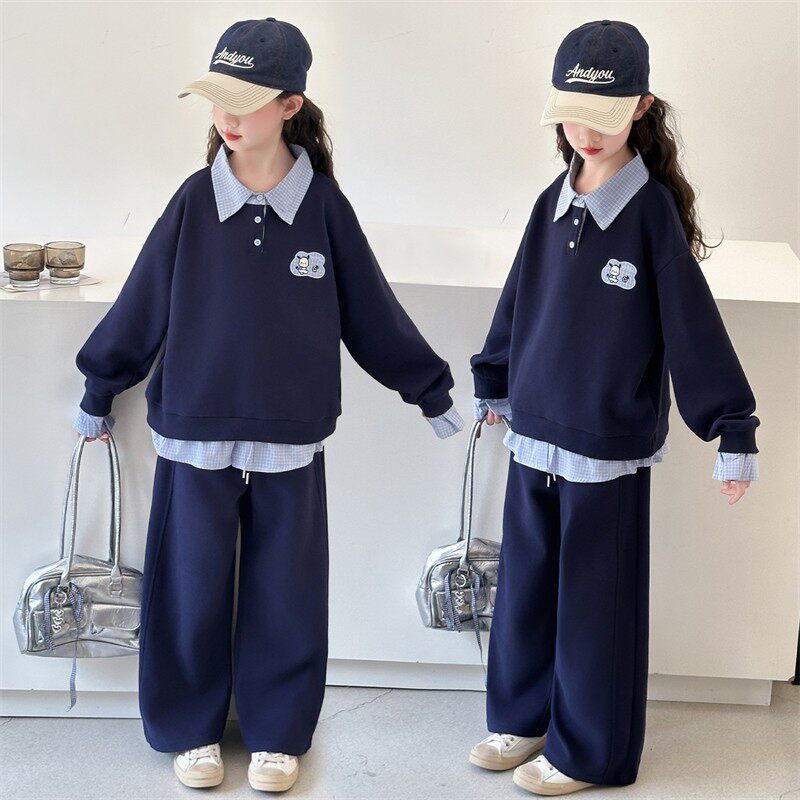 Girls Korean Style Cartoon Patchwork Sweatshirt Two-Piece Set