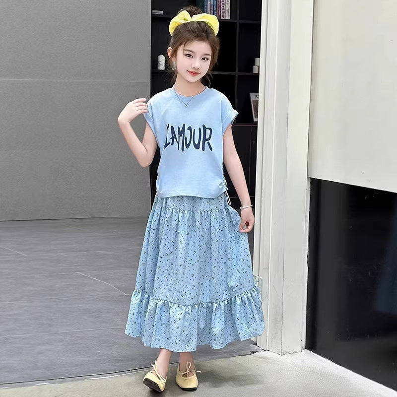 Girls Floral Sleeveless Skirt Set Summer Western Style Two-Piece Outfit