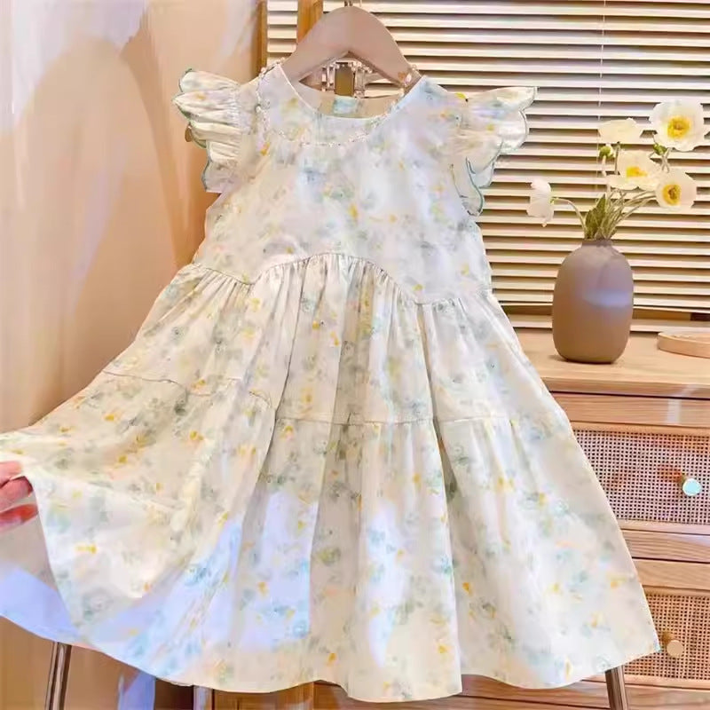 Girls Floral Flying Sleeve Cotton Princess Dress Summer Outfit