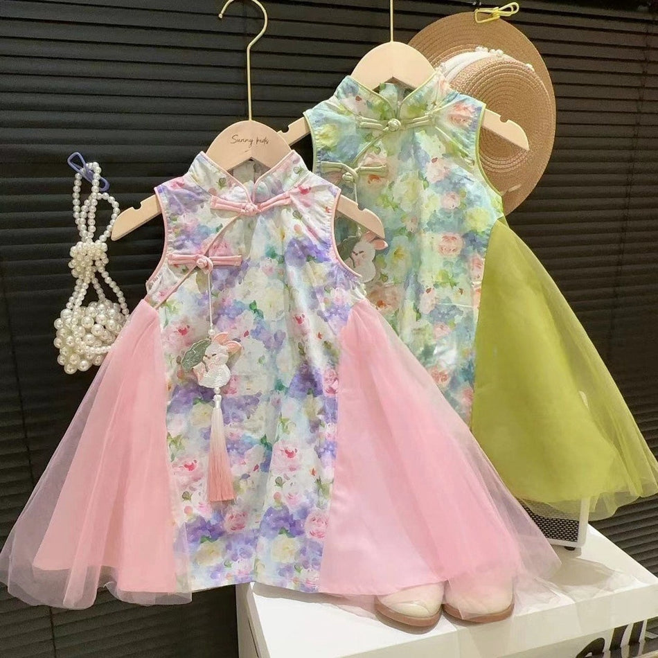 Girls Ink Print Stand Collar Patchwork Princess Dress