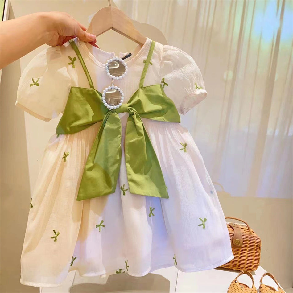 Girls Puff Sleeve Bow Princess Summer Dress