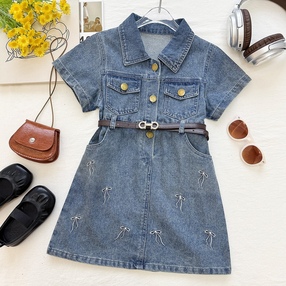 Girls Soft Washed Denim Bow Waist Princess Dress