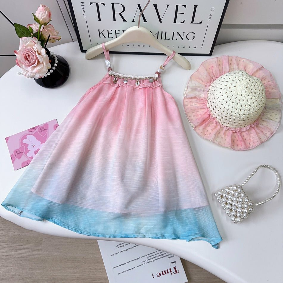 Girls Gradient Suspender A-Line Holiday Beach Dress Set