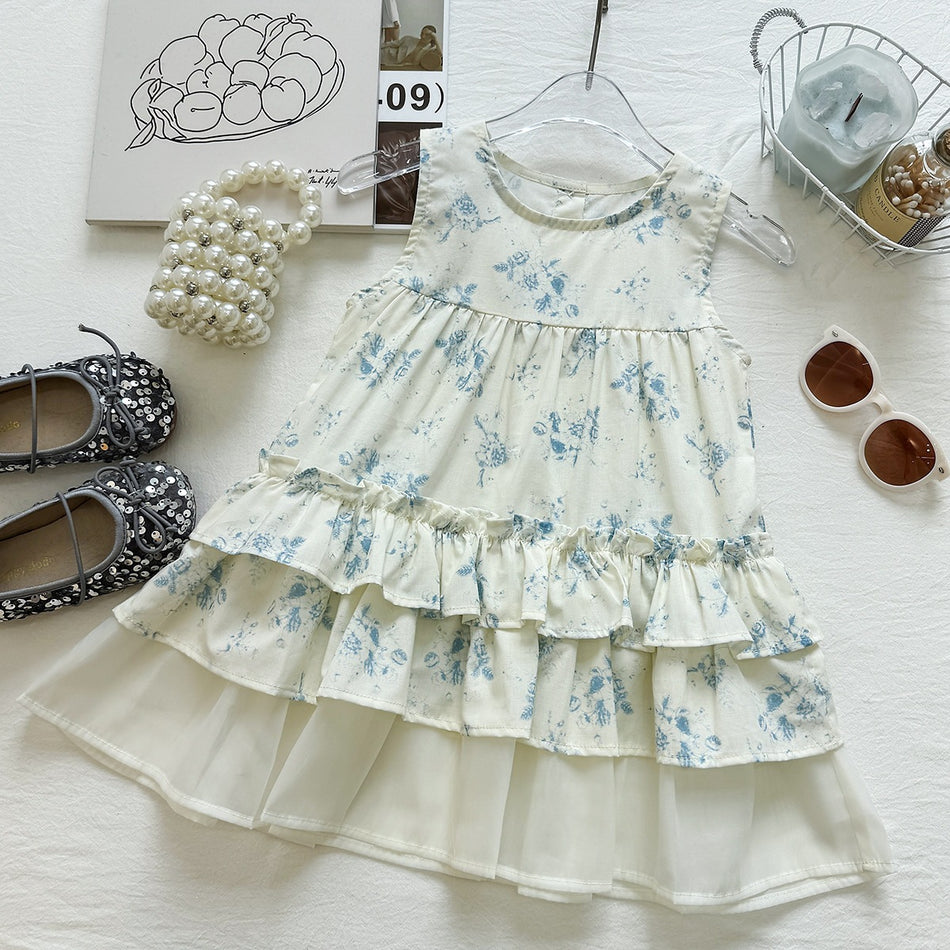 Girls Blue White Floral Cotton Sleeveless Princess Dress