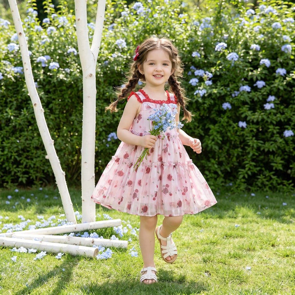 Girls Rose Floral Lace Collar Suspender Princess Dress
