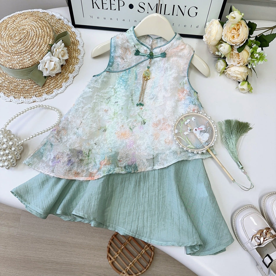 Girls Chinese Style Embroidered Sleeveless A-Line Dress