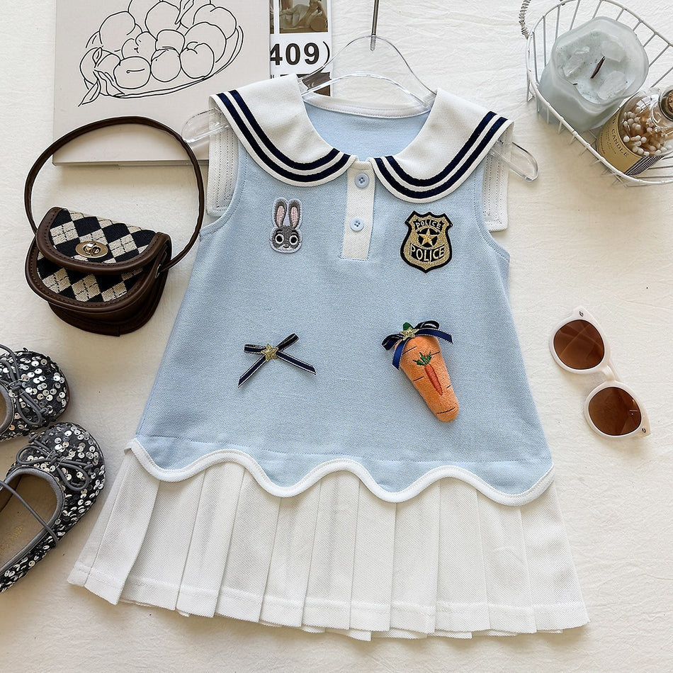 Girls Rabbit Cartoon Sleeveless Pleated College Style Dress