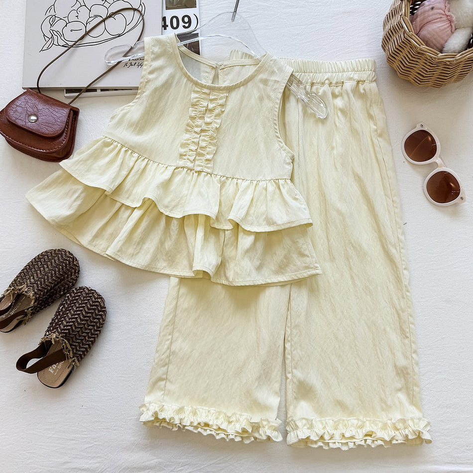 Girls Cotton Sleeveless Top and Wide-Leg Pants Summer Set