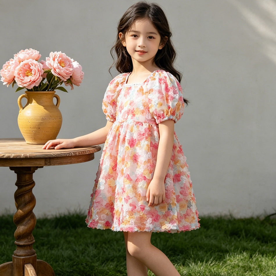 Girls Floral Puff Sleeve Square Collar Princess Summer Dress