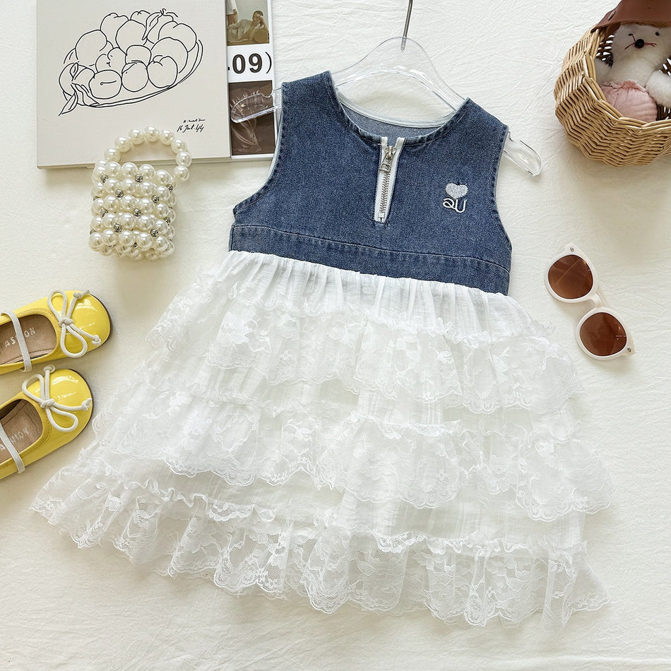 Girls Denim Patchwork Vest Cake Princess Summer Dress