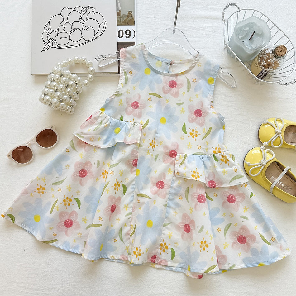 Girls Printed Sleeveless Cotton Princess Summer Dress