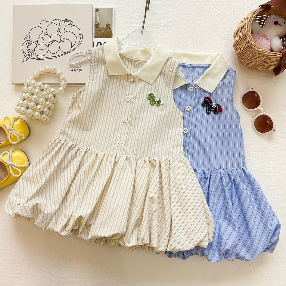 Girls Striped Polo Collar Embroidered Flower Bud Summer Dress