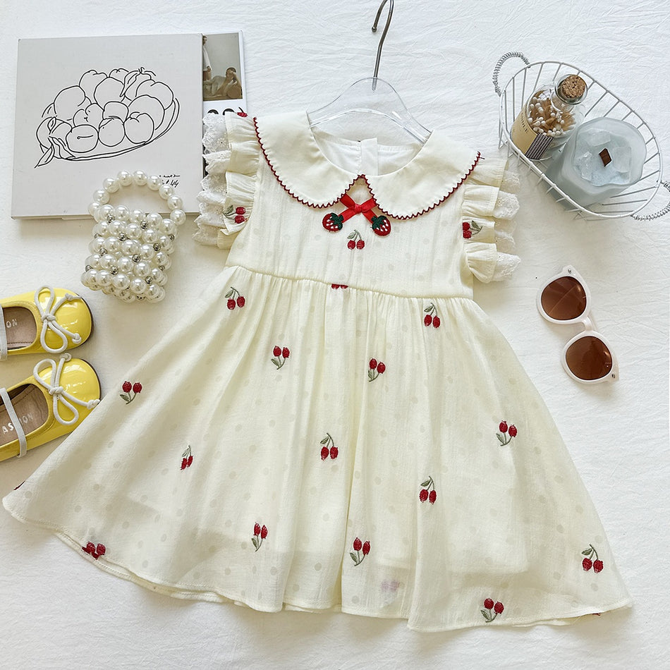 Girls Strawberry Doll Collar Cotton Summer Princess Dress