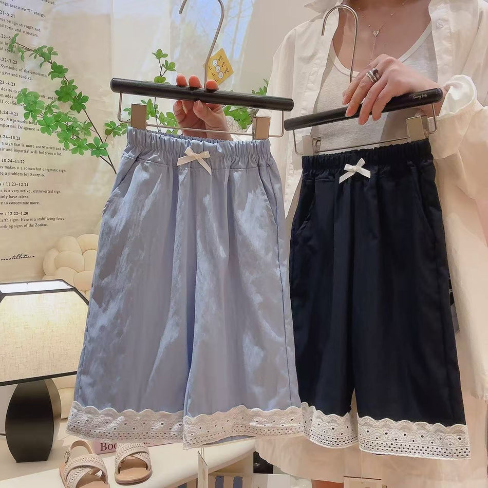 Girls Lace Trim Bow Patchwork Pants Summer Korean Style Casual Wear