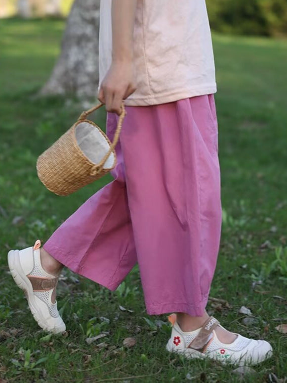 Pink Girls Wide Leg Cropped Pants Summer Casual Anti Mosquito Wear