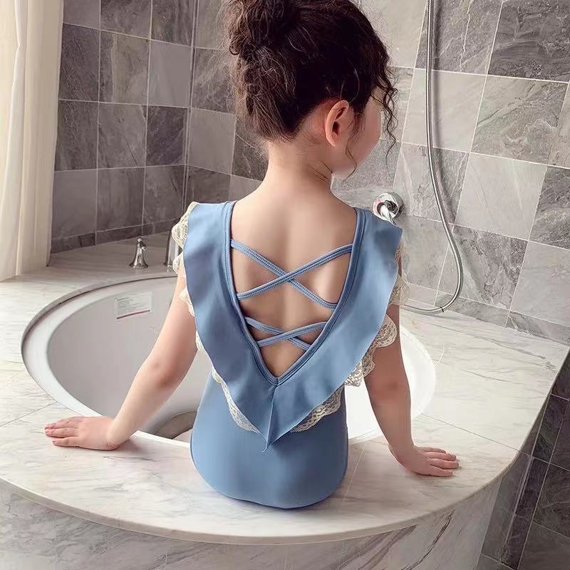 Girls Lace Ruffle One Piece Swimsuit Cute Cross Back Swimwear