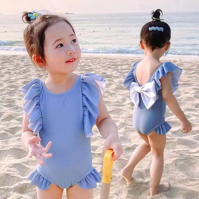 Girls Solid Color Bow One Piece Swimsuit Cute Korean Style Swimwear