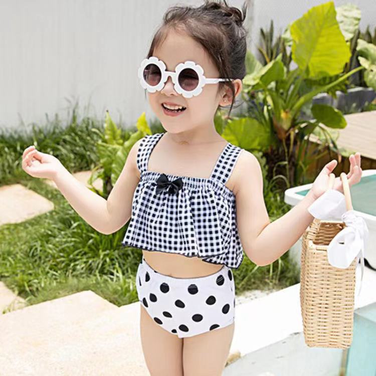 Girls Plaid Bow Two Piece Swimsuit Korean Style Kids Swimwear