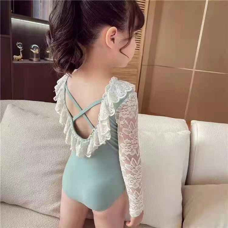 Girls Long Sleeve One Piece Swimsuit Korean Style Kids Swimwear