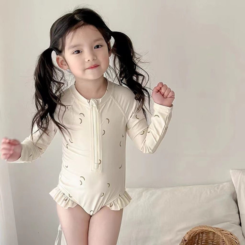 Girls Banana Print Long Sleeve One Piece Swimsuit Cute Kids Swimwear