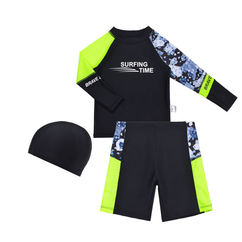 Boys Long Sleeve Split Swimwear Set with Cap UV Protection
