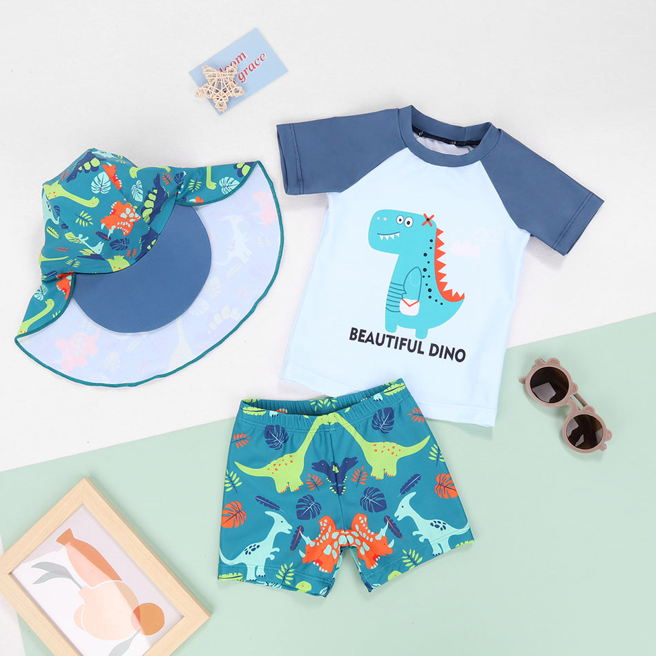 Kids Dinosaur Sun Protection Swimsuit Set with Hat