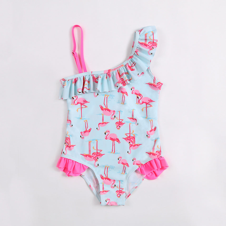 Girls Flamingo Ruffle One-Piece Swimsuit High Elastic