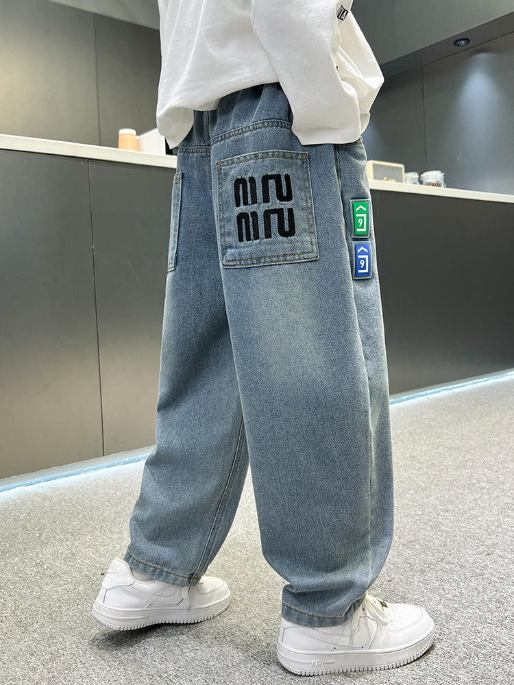 Boys Cotton High Waist Enzyme Wash Jeans Casual Pants