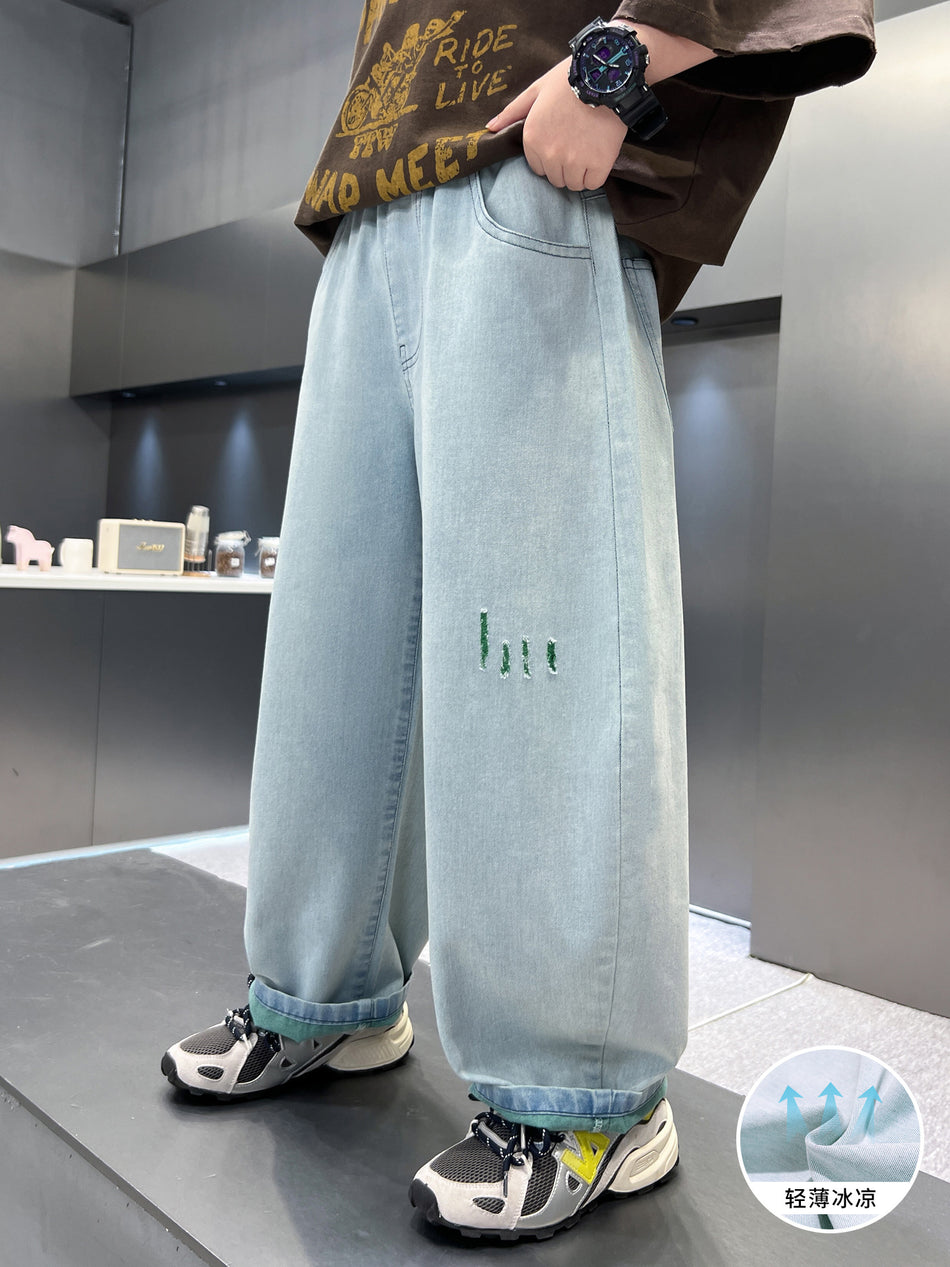 Boys Ripped Straight Leg Denim Summer Casual Trend Pants