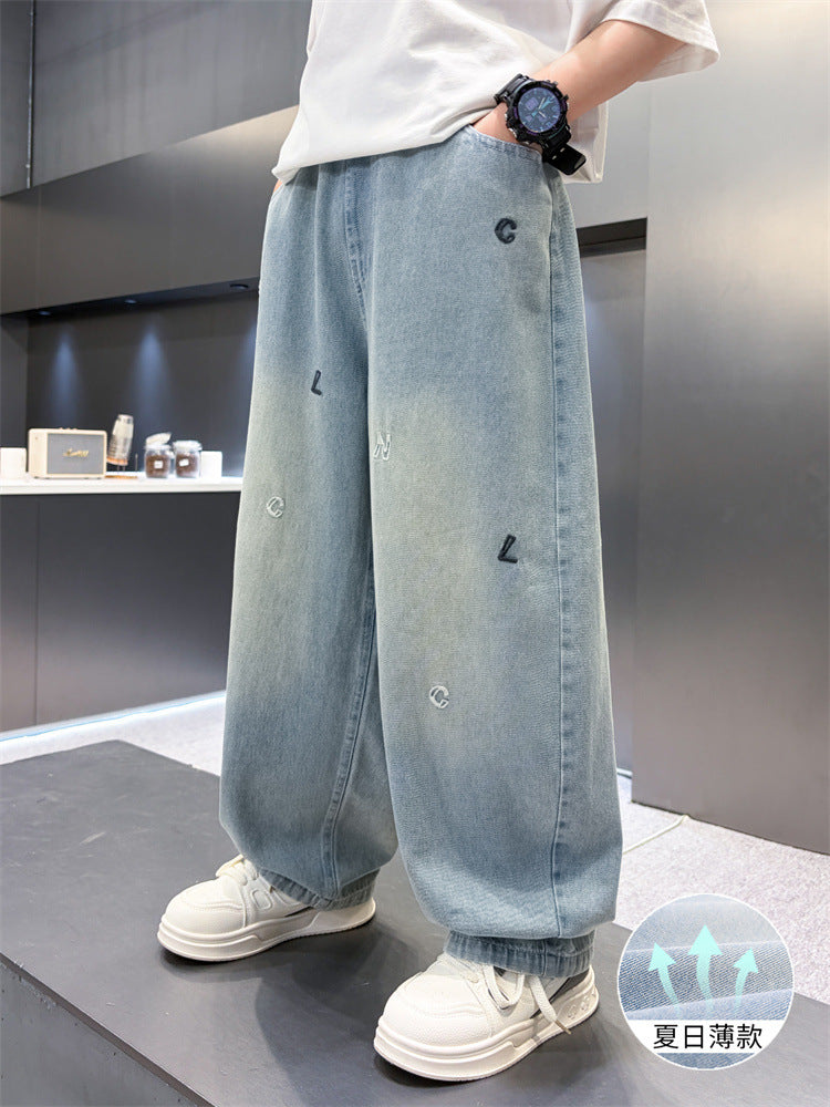 Boys Ice Silk Cotton Denim Pants Lightweight Summer Trousers