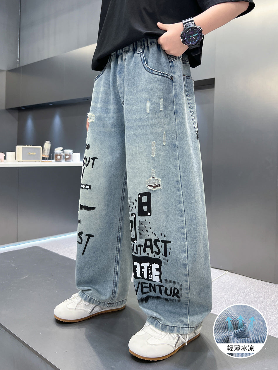Boys Ripped Straight-Leg Denim Pants Summer Korean Style