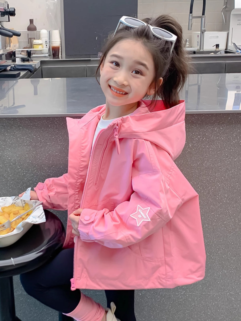 Girls Hooded Autumn Windbreaker Jacket with Double Zipper