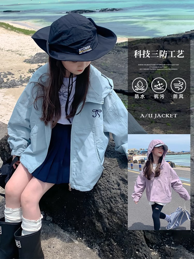 Girls Hooded Bow Detail Jacket Casual Spring Outerwear